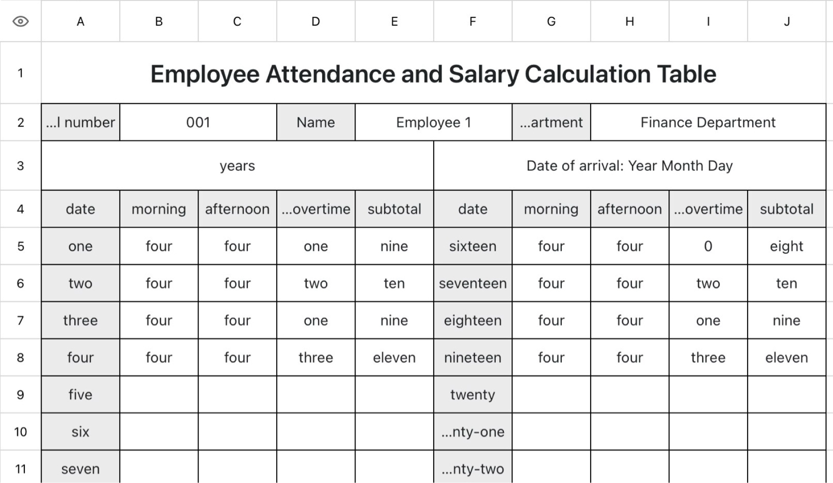 Employee Attendance and Salary Calculation Table